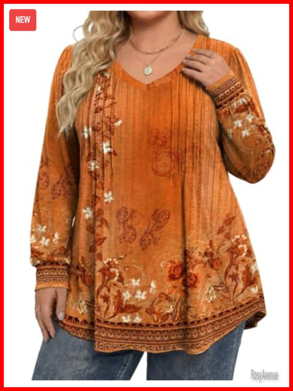 Plus Size Floral V-Neck Tunic Long Sleeve Blouse Boho Top